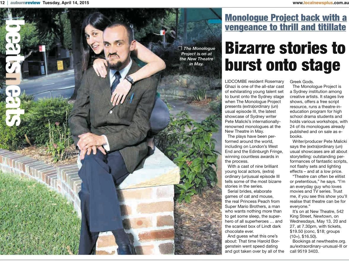 Article from Auburn Review featuring Monologue Project back with a vengeance to thrill and titillate with Glenn Wanstall and Rosemary Ghazi in the front image