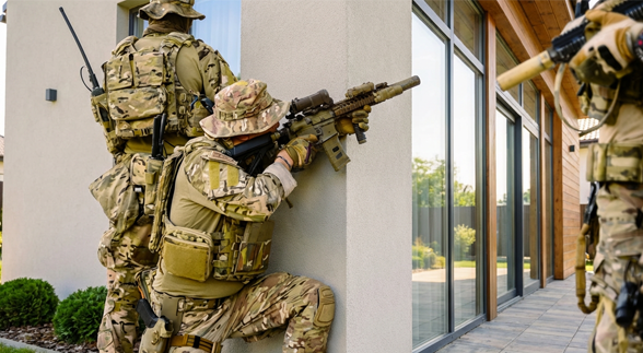 A bald white serious man in a spot light that is sitting on the floor and tucking his body