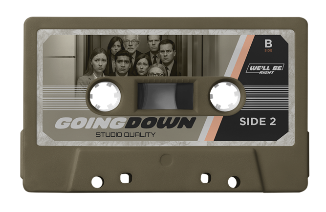 Six people inside an elevator with a woman pressing the floor buttons