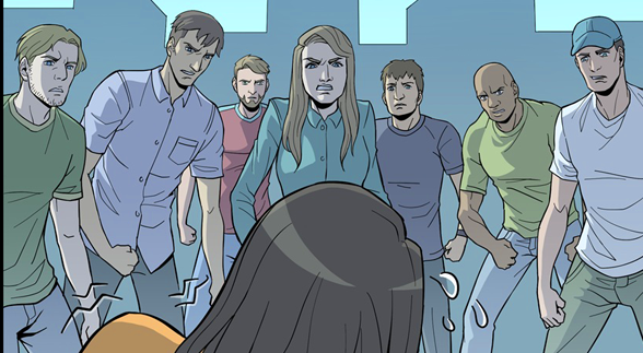 Black and white image of a female in a grass field, cover her head with a box.