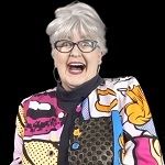 Jay Harley, An elderly woman wearing glasses and a vibrant jacket.