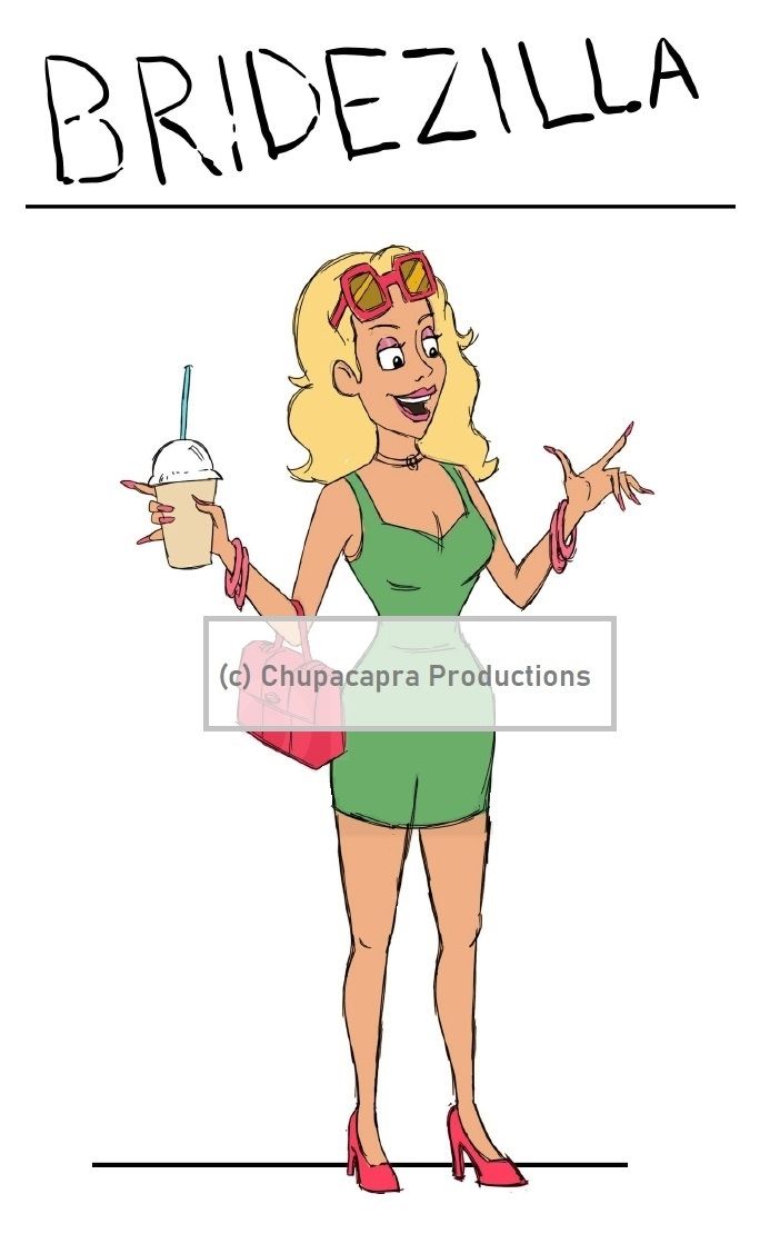 Illustration of a blonde in a green dress and red heels with sunglass sitting at top of hair and holding a coffee frappe & red bag.