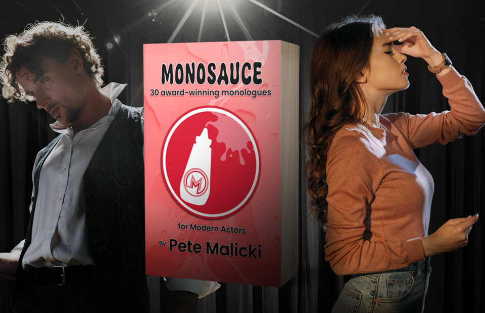 Female actor wearing red on a black background