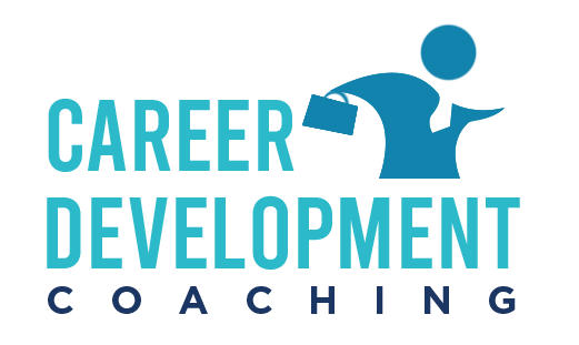 Blue text that says "Career Development Coaching" with an illustration image holding a briefcase