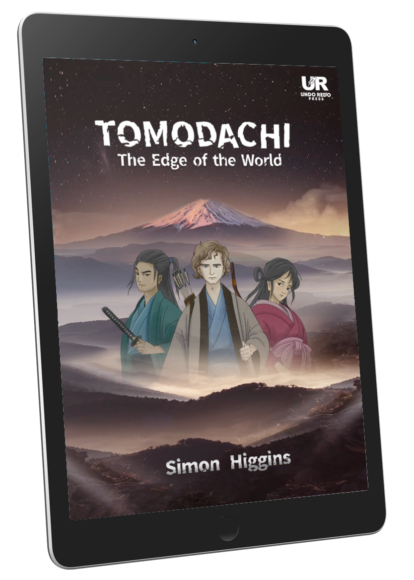 Book cover by Simon Higgins with three warriors, a samurai, geisha and archer with a mountain in the background with the text Tomodachi "The Edge of the World"