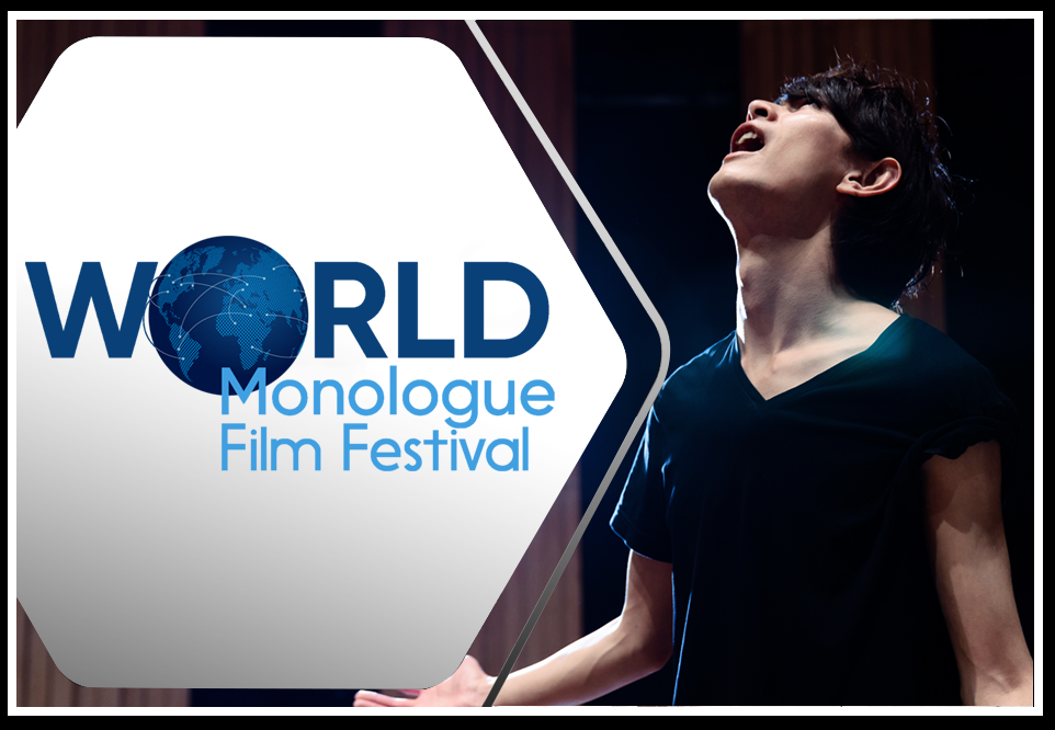 Preview image of World Monologue Film Festival featuring an actor on stage looking upward and doing hand gesture