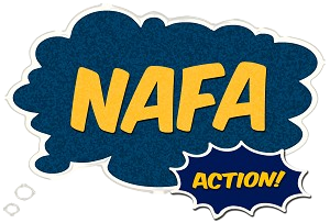 A comic type of blue cloud with a yellow text that says NAFA and Action!