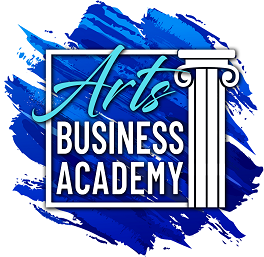 Logo for Arts Business Academy with blue abstract background and a roman pillar on the side