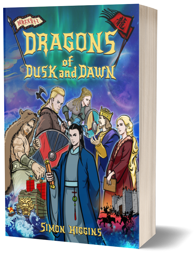 A book by Simon Higgins with the title of Dragons of dusk and dawn and the cover is consist of ancient era people consists of Kings, Barbarians and Monks and a green nebula in the sky 