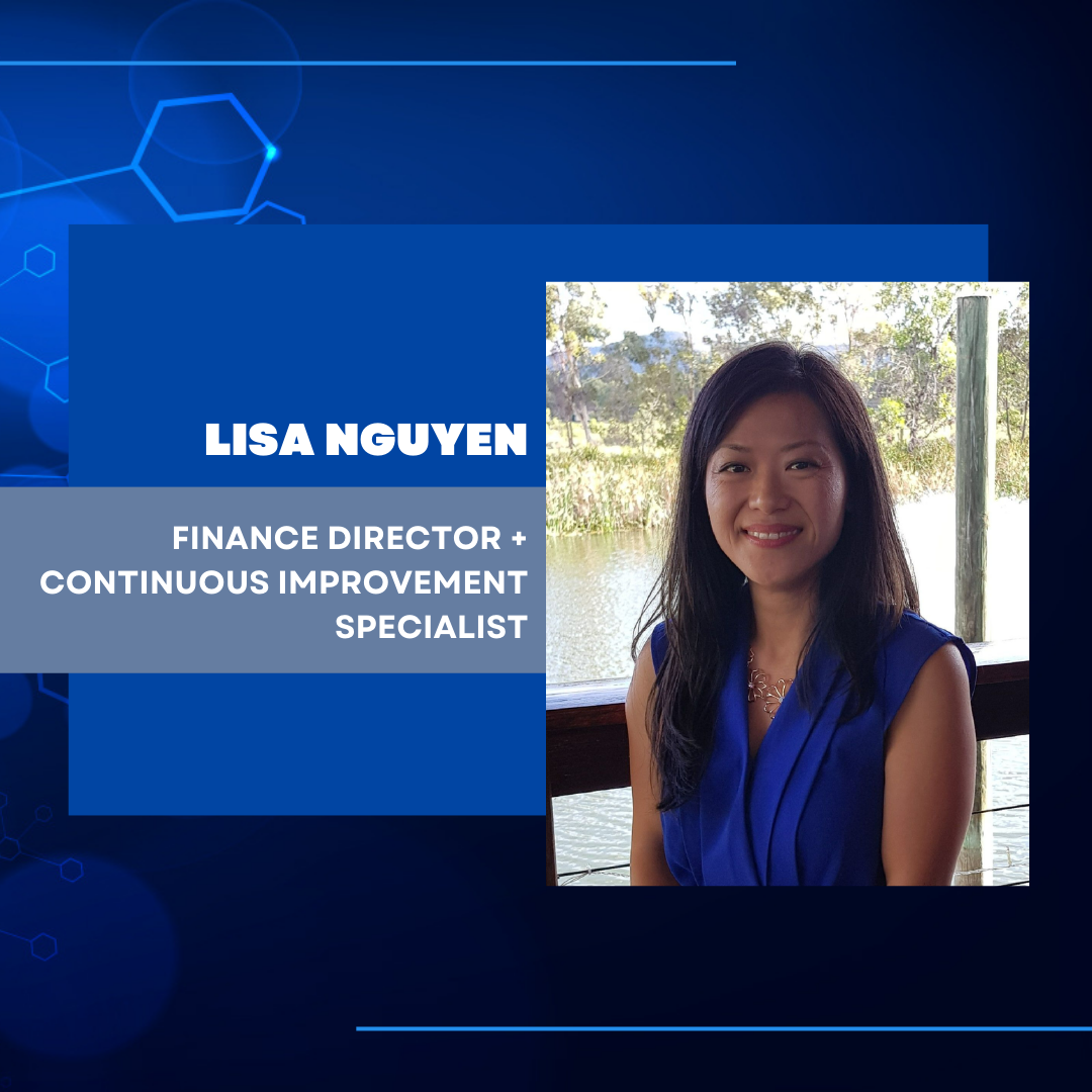 Lisa Nguyen wearing a blue blouse in a blue technology abstract background