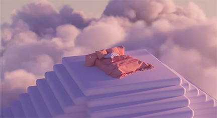A magical place where there is a bed above a pyramid with clouds in the background