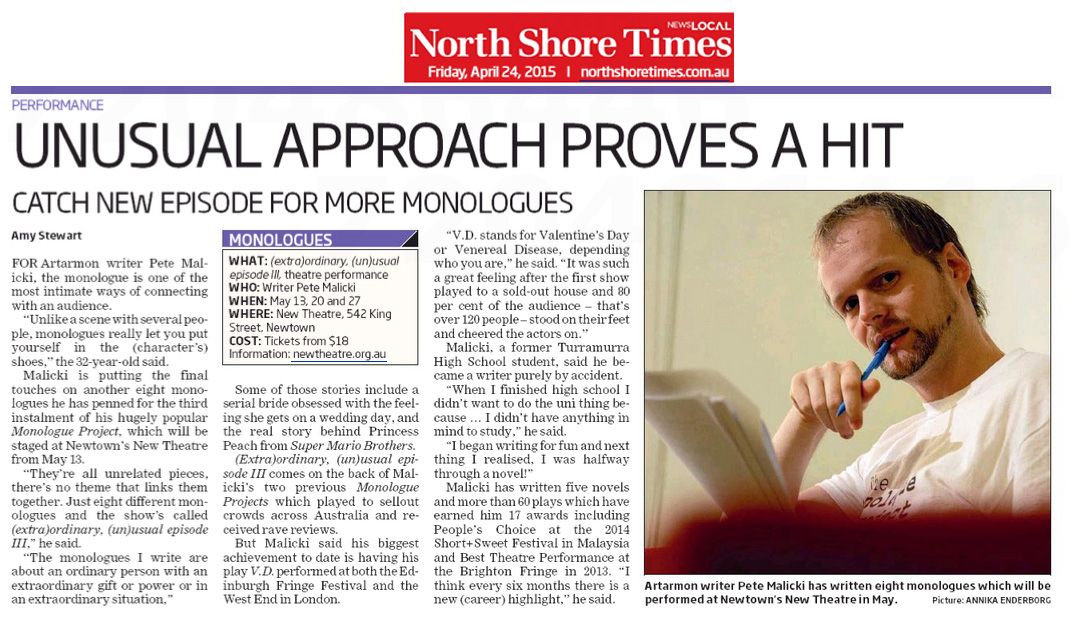 North Shore Times Article featuring Unusual Approch Proves a hit with Pete Malicki wearing white shirt and holding a blue penas a front image