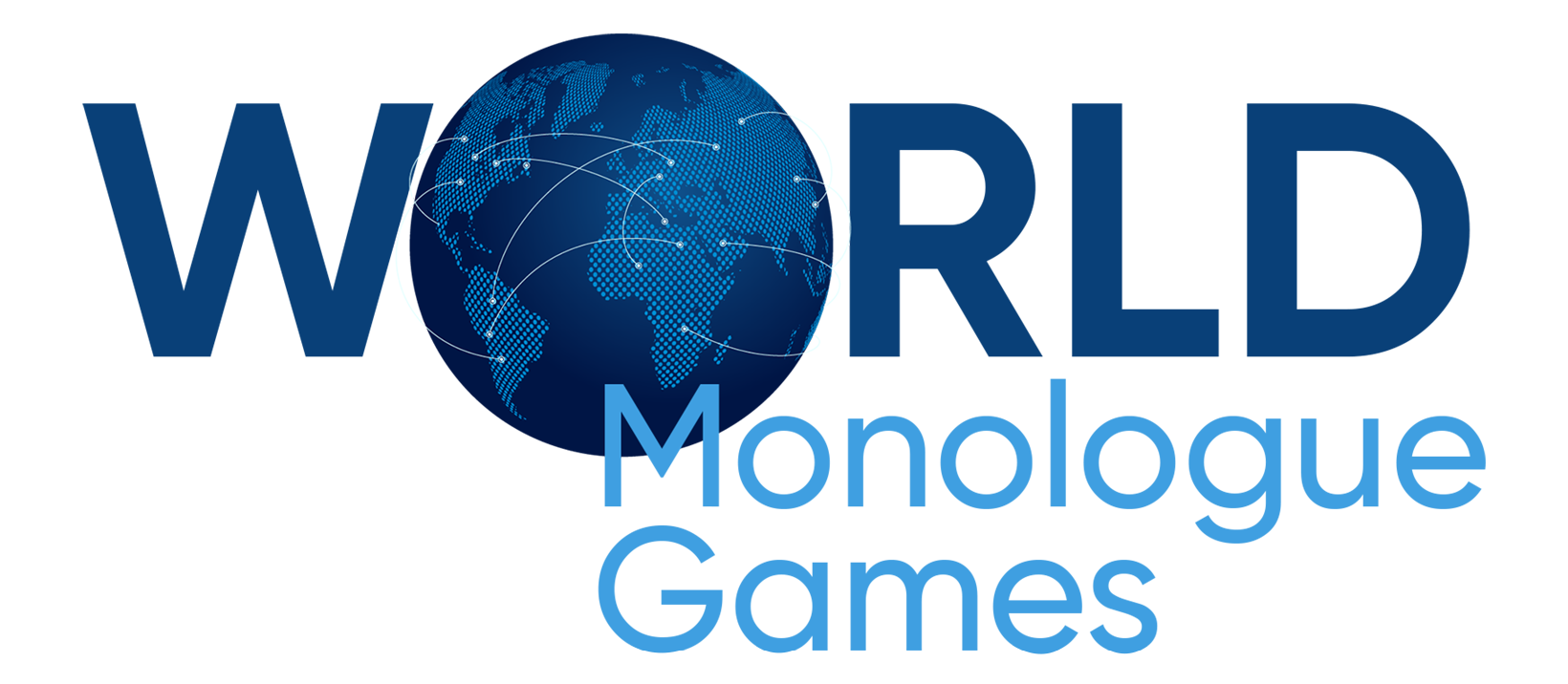 Blue text that says "World Monologue Games" with Globe that symobilises the letter "O" in World.