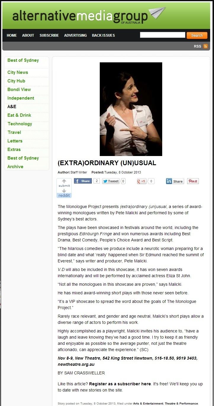 Article from Alternative Media Group Of Australia featuring ExtraOrdinary UnUsual by Pete Malicki