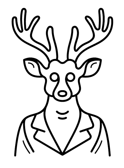An outline illustration of a deer wearing a tuxedo