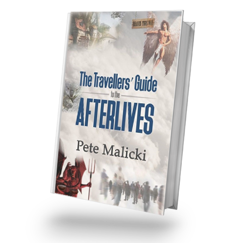 Book with the title The Traveller's Guide to Afterlives by Pete Malicki with a background of Angels and Demons