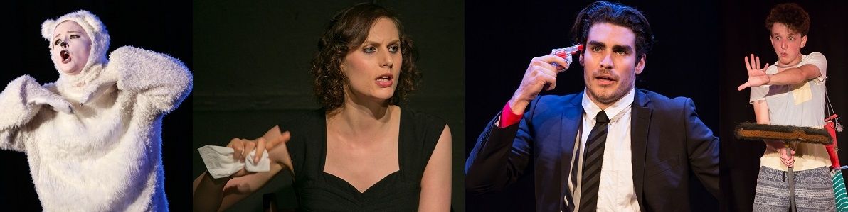 A collage of four actors performing on stage, showcasing their talent and bringing characters to life.