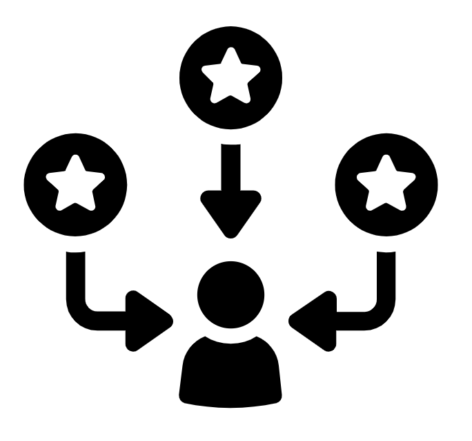 Black illustration of a man with stars pointing to him