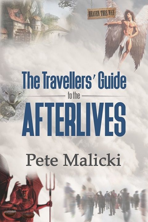 Traveller's Guide Book Cover with a background of angel and demons by Pete Malicki