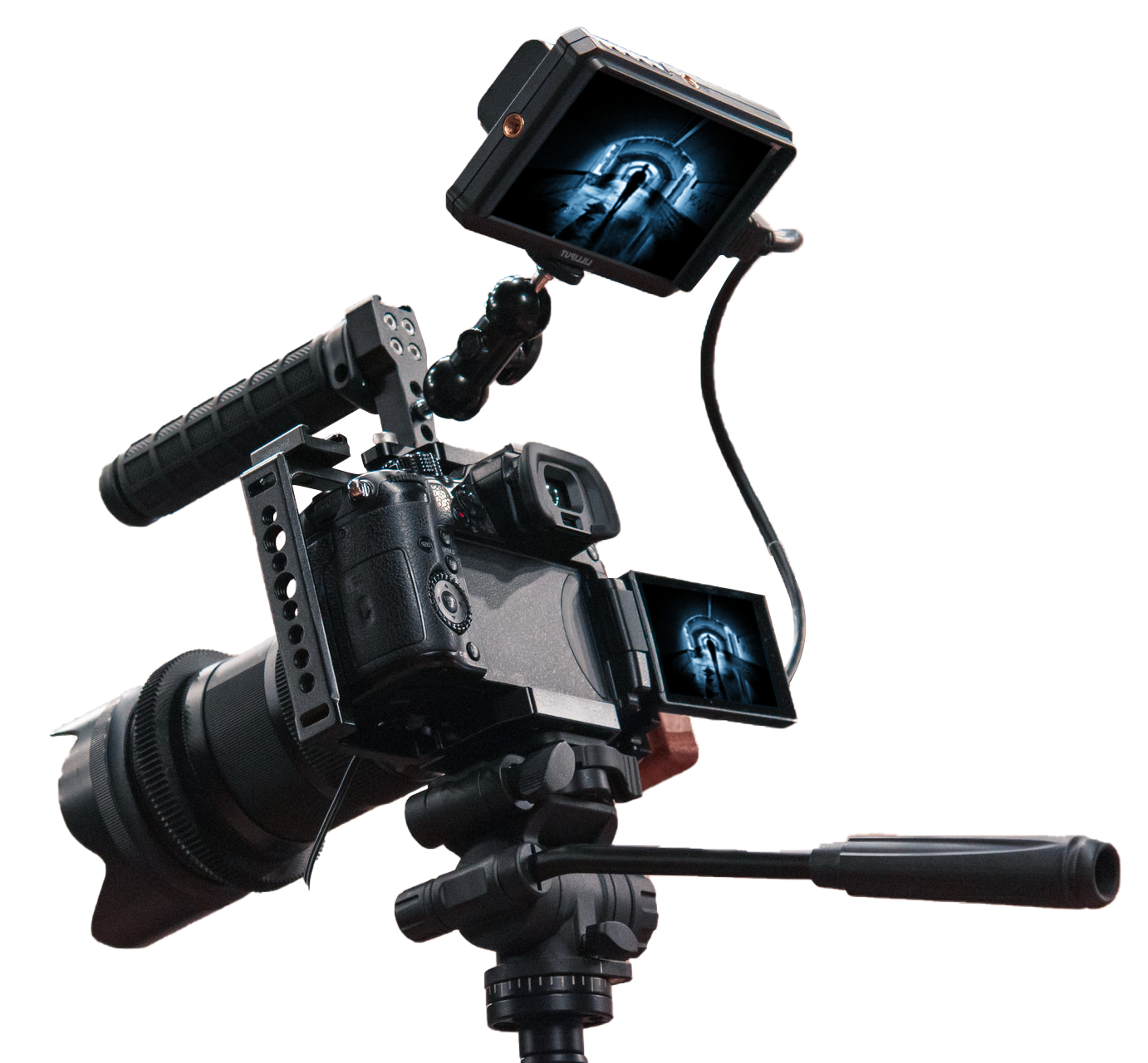 A video camera filming a silhouette of a guy inside a tunnel