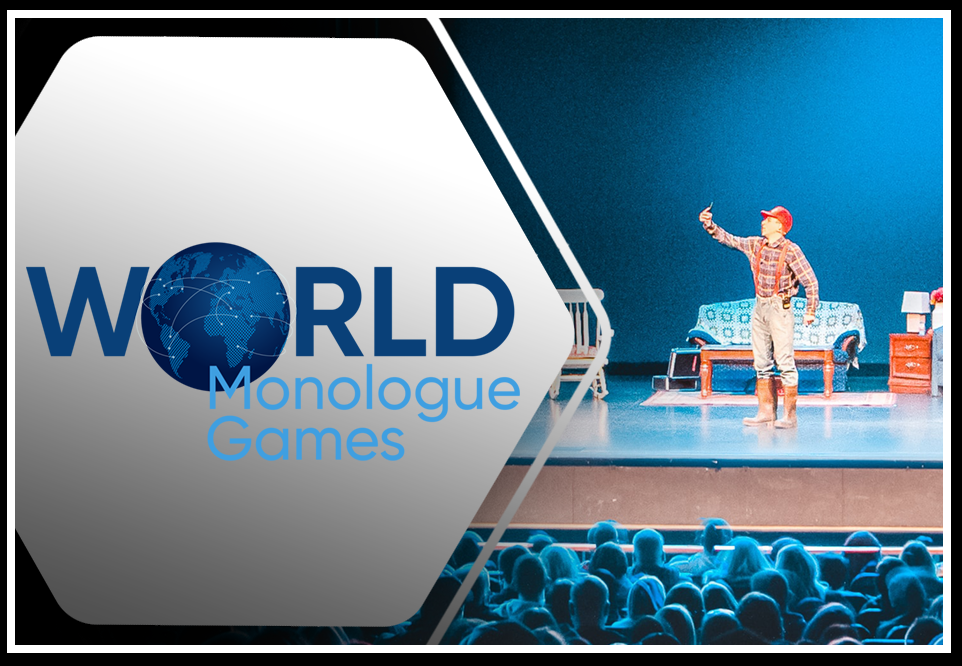 Preview of World Monologue Games featuring an actor on stage wearing a red hat, red checkered polo, jeans and brown boots