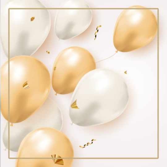 A white background with white and gold party balloons with gold streamers