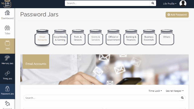 screenshot of My LifeJars password Jars