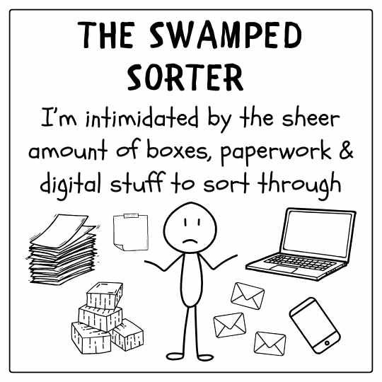 The Swamped Sorter with papers and laptop