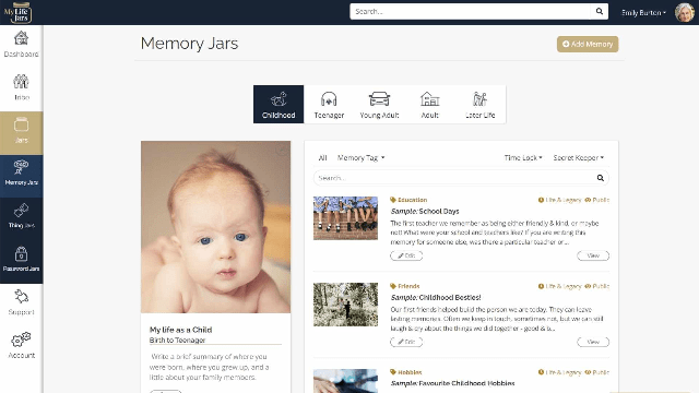 screenshot of My LifeJars Memory Jars