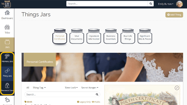 screenshot of My LifeJars things Jars