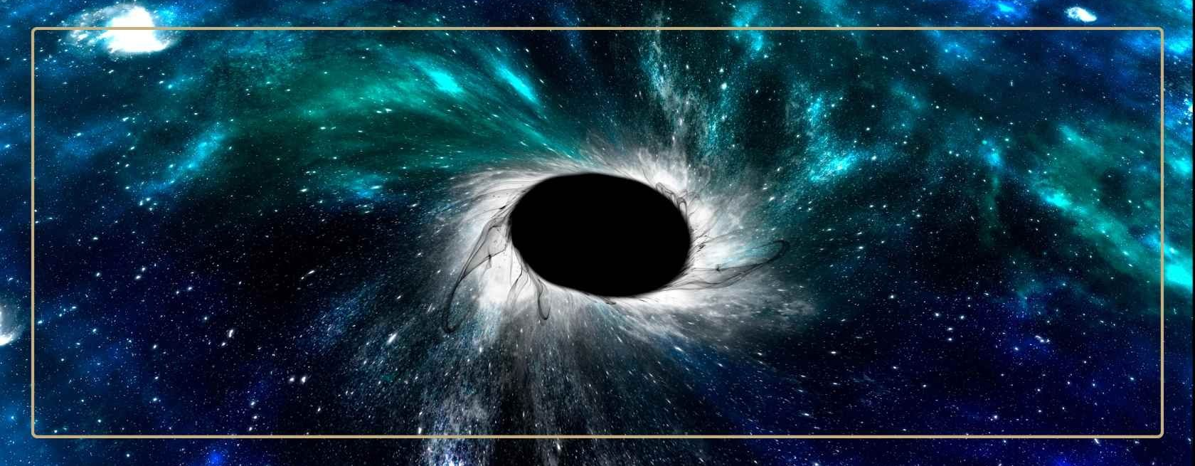 A picture of a black hole in space with turquoise and blue light stars