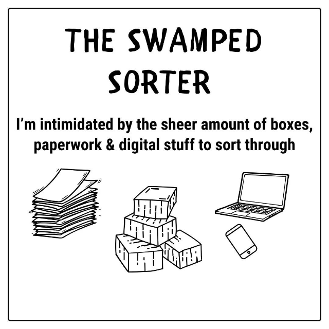 The Swamped Sorter with papers and laptop
