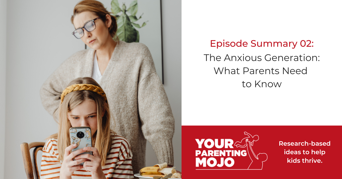 A concerned mother in glasses and a beige cardigan stands behind her young daughter, who is looking down at her smartphone while sitting at a table with food