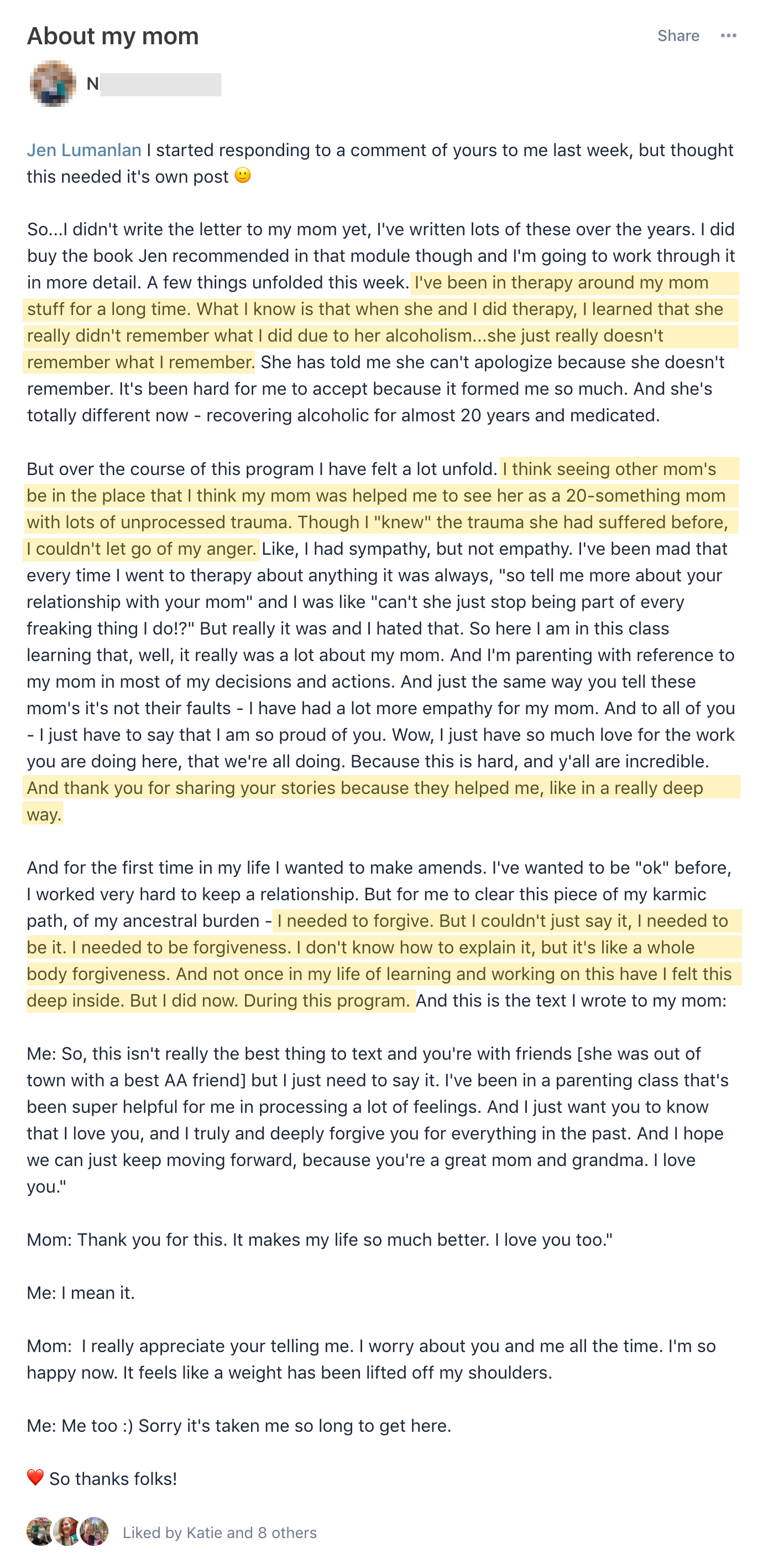 Social media testimonial from workshop participant describing breakthrough in healing relationship with mother through forgiveness and understanding generational trauma patterns