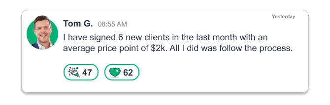 Tom G. on the wins board: six new clients in a month at a $2,000 average