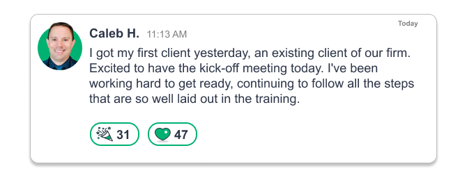Caleb H. on the wins board: a first client who was an existing client of his firm