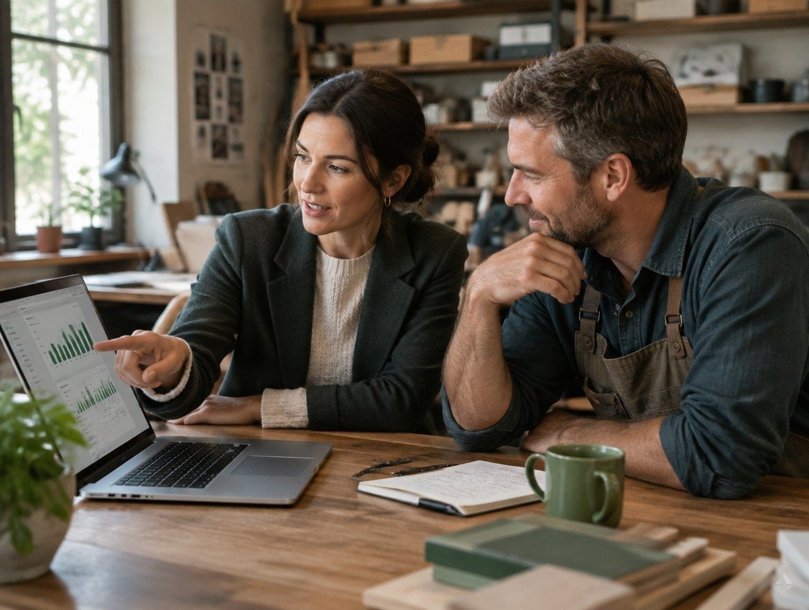 A CFO Advisor walking a small business owner through a monthly scoreboard on a laptop