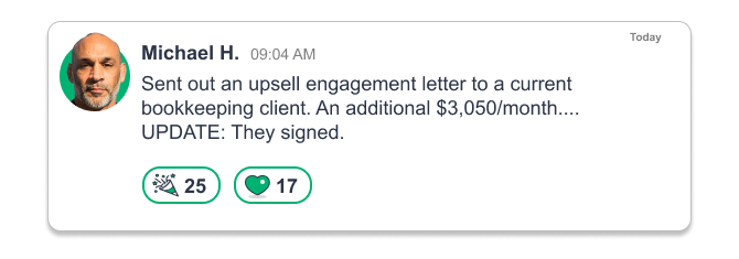 Michael H. on the wins board: an upsell to a bookkeeping client for an additional $3,050 a month