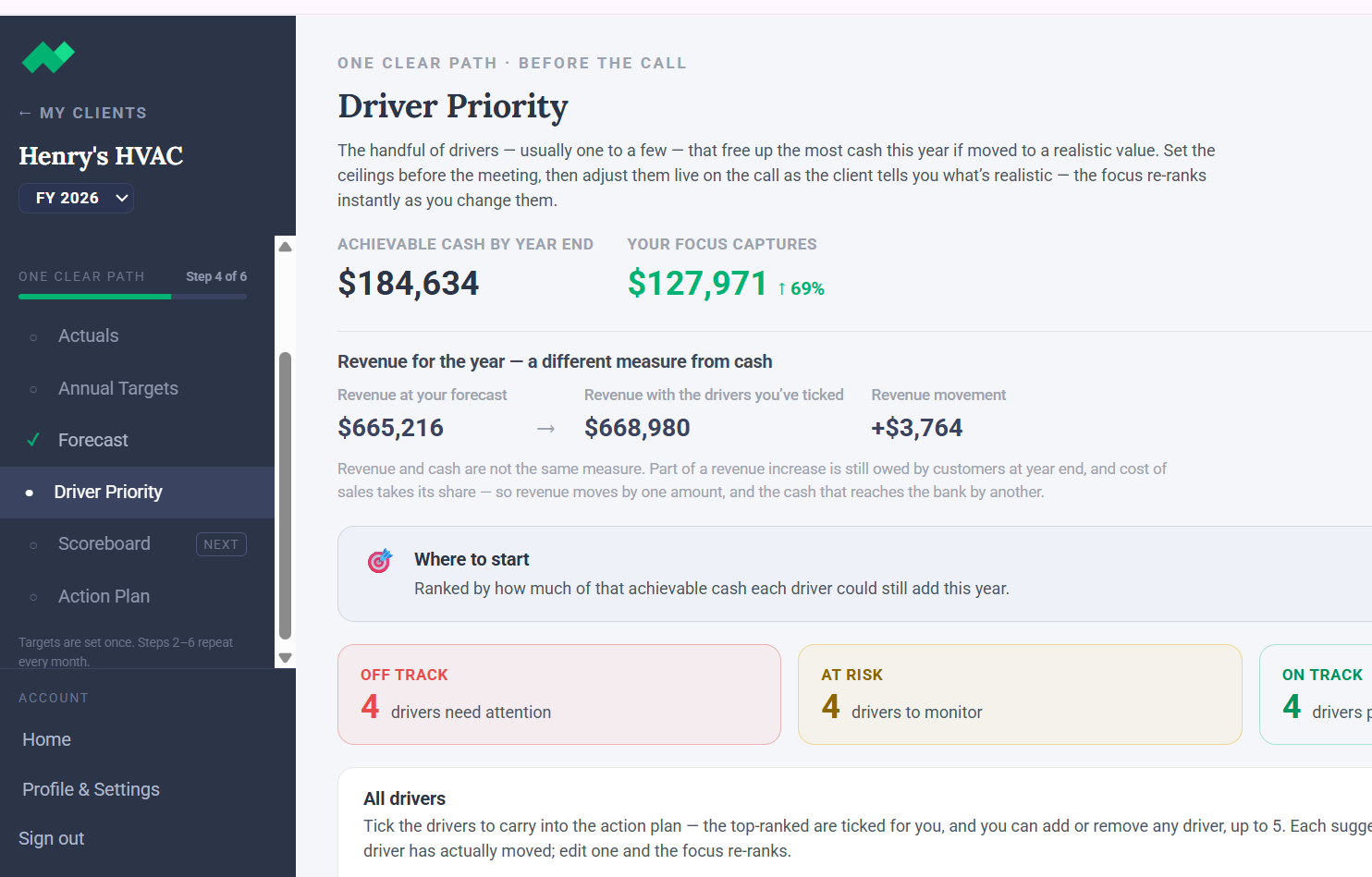 The Client Center software, showing the Driver Priority step for a client
