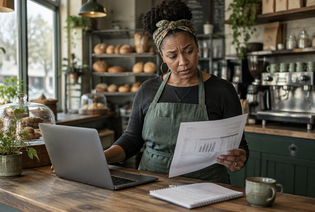 A bakery owner at her counter reviewing a financial report