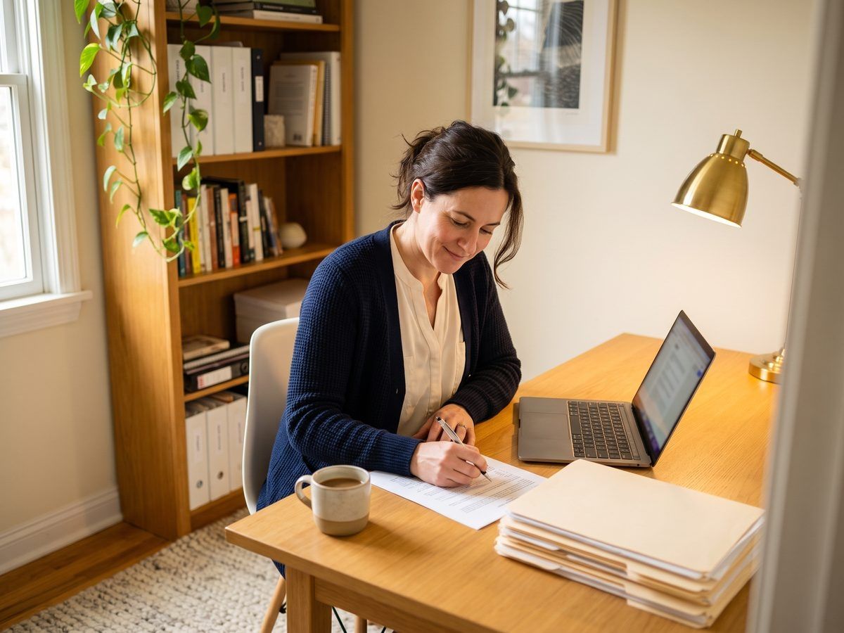 A bookkeeper reviewing a client's financial report at her desk