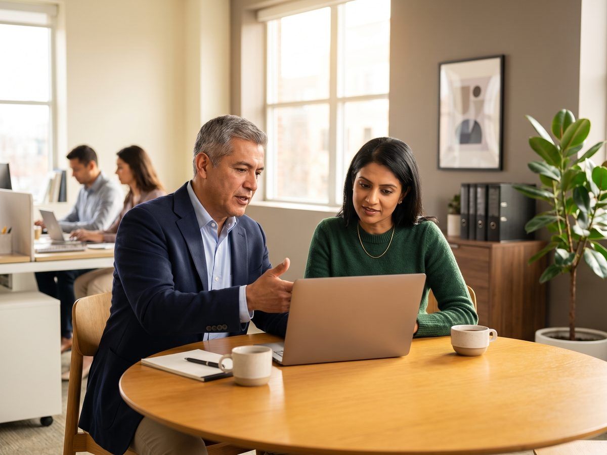 A CFO Advisor reviewing numbers with a small business owner in her office