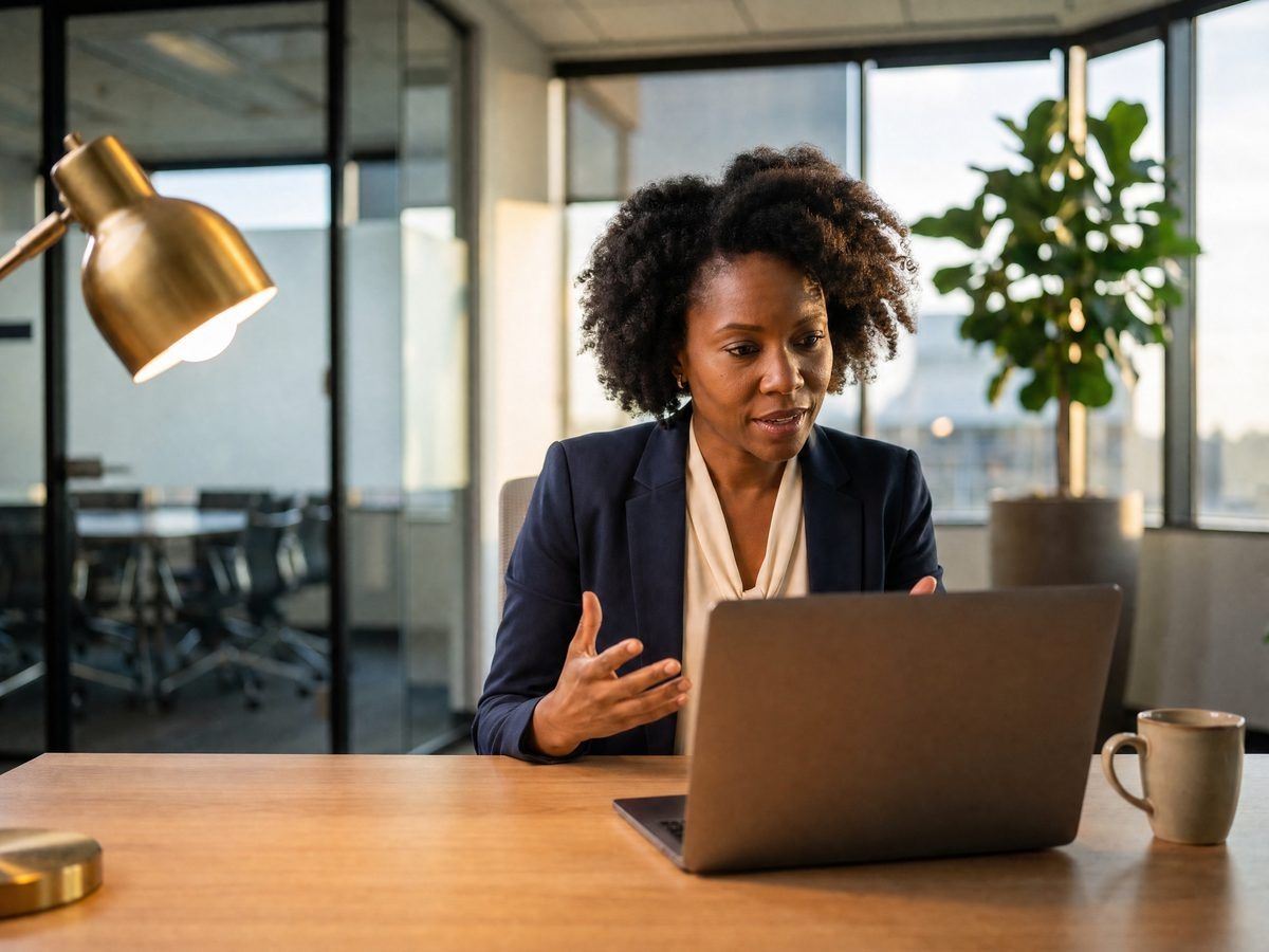 An accountant at her office desk talking a client through their numbers on a video call