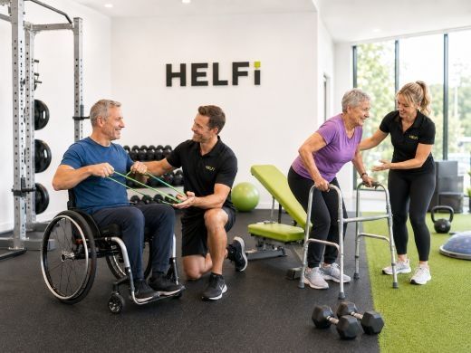 Disability and neuro rehab strengthening support at Helfi gym in Woolloongabba Brisbane with wheelchair strength training and supported standing practice.