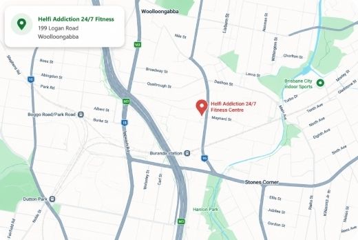 Map showing Helfi Addiction 24/7 Fitness Centre location in Woolloongabba Brisbane for the 7 Days Free Trial