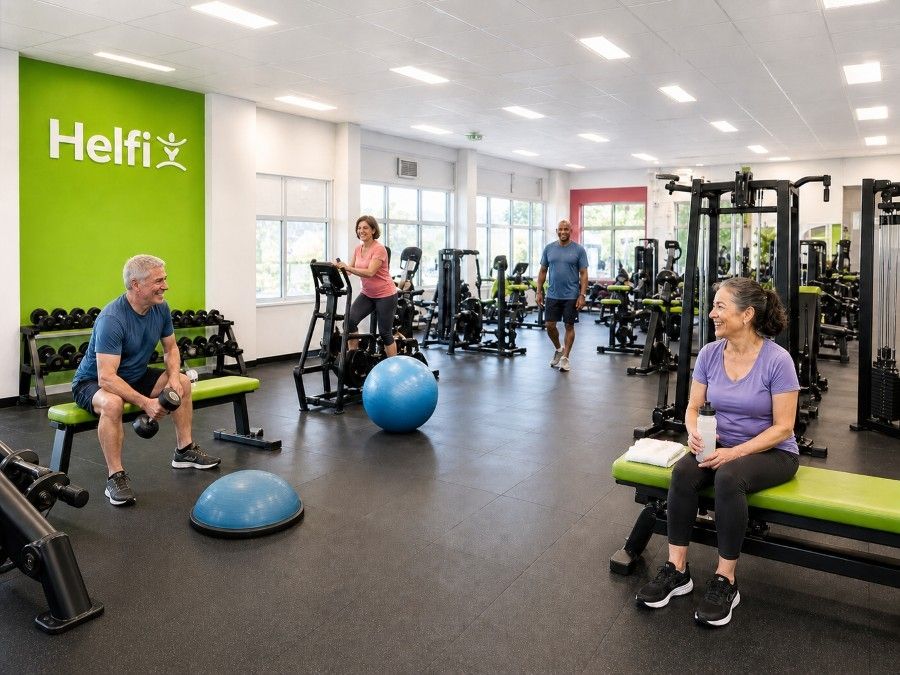 Friendly Helfi gym floor with members, lime green benches, fitball and bosu in Woolloongabba Brisbane