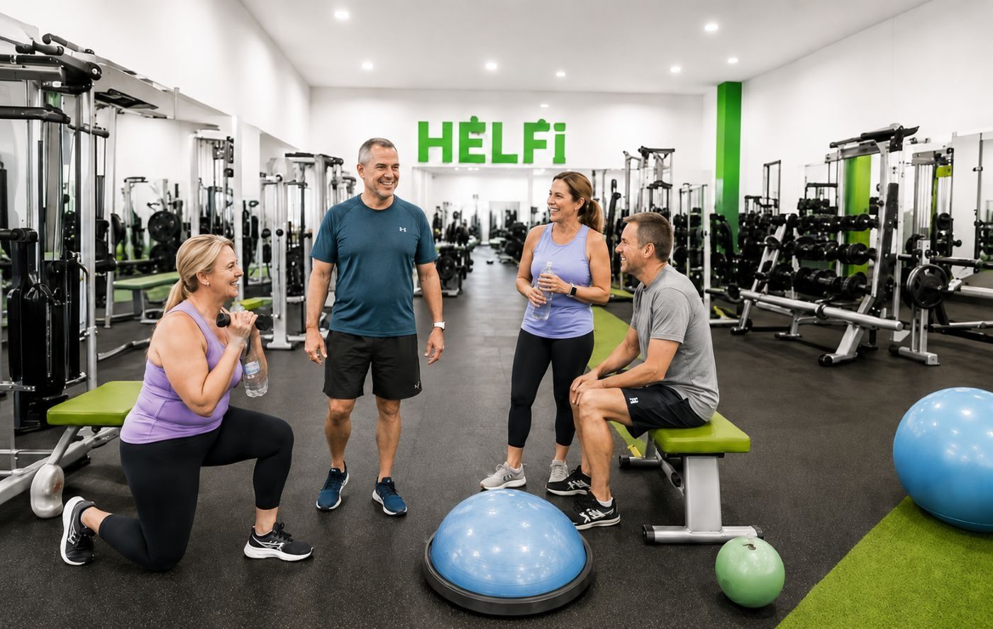 Four friendly adults over 40 training and socialising at Helfi Addiction 24/7 Fitness Centre in Woolloongabba, Brisbane.