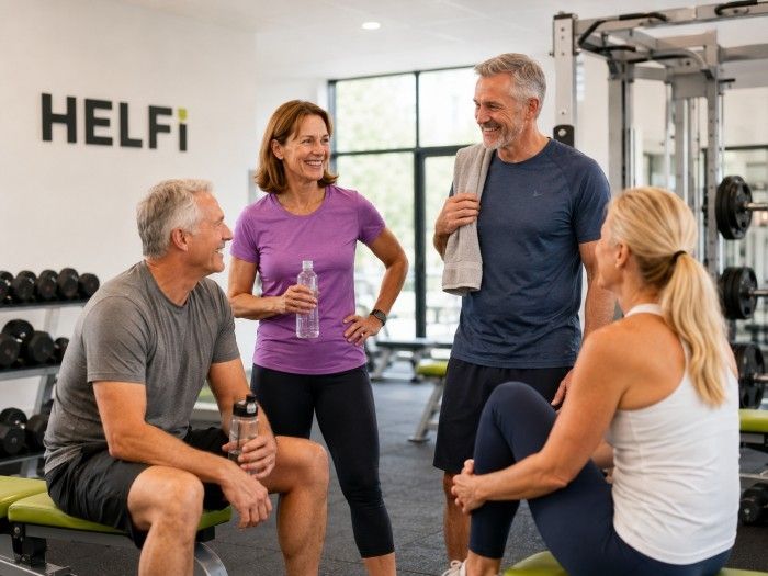 Members chatting together inside Helfi gym in Woolloongabba Brisbane, showing comfort, support and community in a friendly fitness setting.