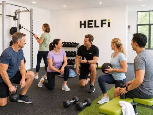 Corporate fitness and workplace wellness support at Helfi gym in Woolloongabba Brisbane with adults training together in a friendly gym environment.