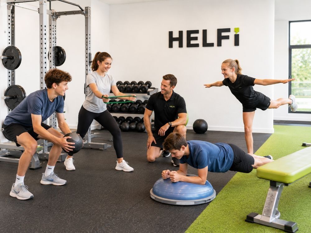 Youth fitness support at Helfi gym in Woolloongabba Brisbane with teenagers doing age-appropriate strength mobility and stability exercises with a trainer.